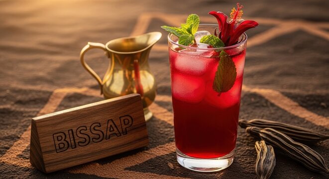 Gourmet Hibiscus Bissap: Ruby Red African Drink with Mint and Ice on Mud-Cloth with Heritage Accents