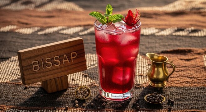 Gourmet Hibiscus Bissap: Ruby Red African Drink with Mint and Ice on Mud-Cloth with Heritage Accents
