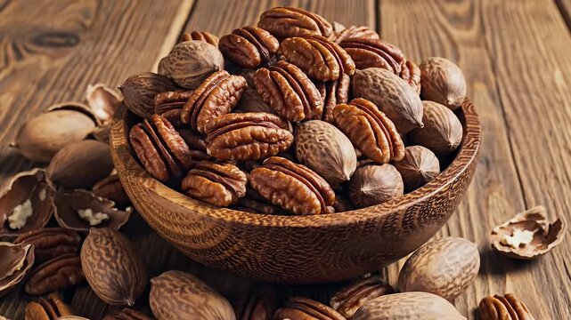 Pecans in wooden bowl and scattered on rustic table