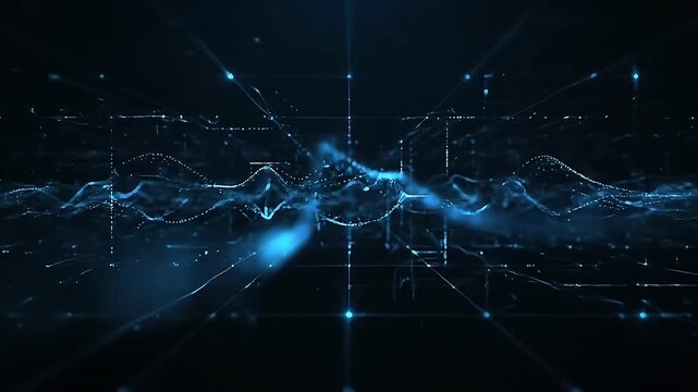 Vibrant blue digital wave pattern on dark background with futuristic grid