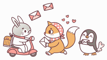 Naklejka premium Cute Cartoon Animals Delivering Mail and Love Letters for Holiday Greeting Card Design or Children's Book Illustration