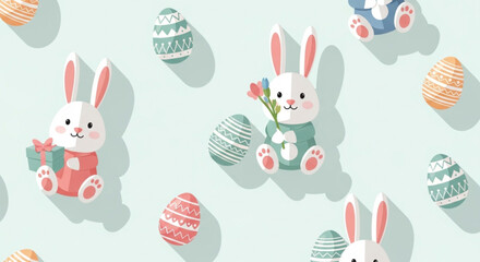 Obraz premium Easter celebration vector illustration featuring bunnies and eggs in a festive pattern