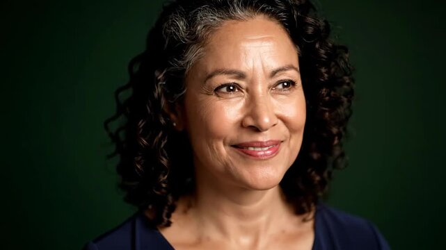 Studio portrait sequence of a confident mature hispanic woman with curly hair. Professional headshot series showing positive expressions for corporate or business use