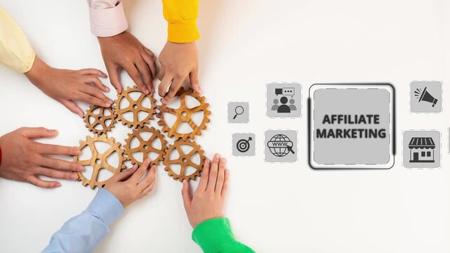 This image depicts diverse hands collaborating with gears, symbolizing the teamwork involved in affiliate marketing strategies for digital success and business growth. Raster