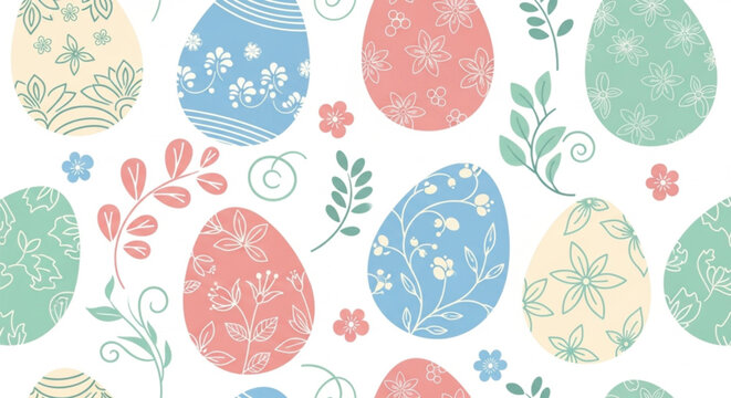 Easter vector illustration featuring eggs with floral designs in pastel colors, surrounded by flowers and leaves in a seamless pattern
