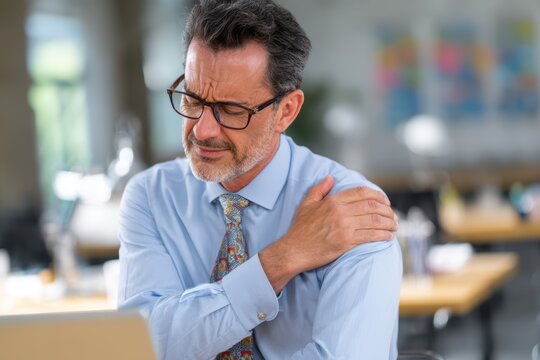 A mature businessman wearing a light blue shirt and patterned tie winces in discomfort, holding his painful shoulder while working at his office desk.