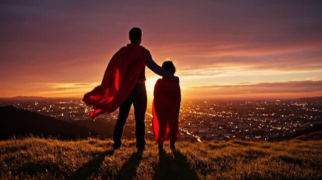 Father and child in superhero capes standing on hilltop at sunset overlooking city lights