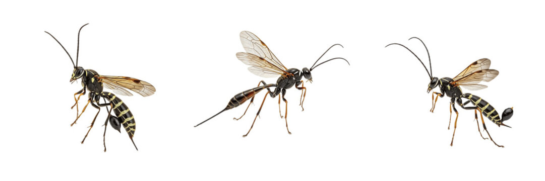 Common Ichneumon Wasps Ichneumonidae Family Species Isolated on White Background, Detailed Macro Illustration of Parasitic Insects for Biological Nature Study and Wildlife Design Assets