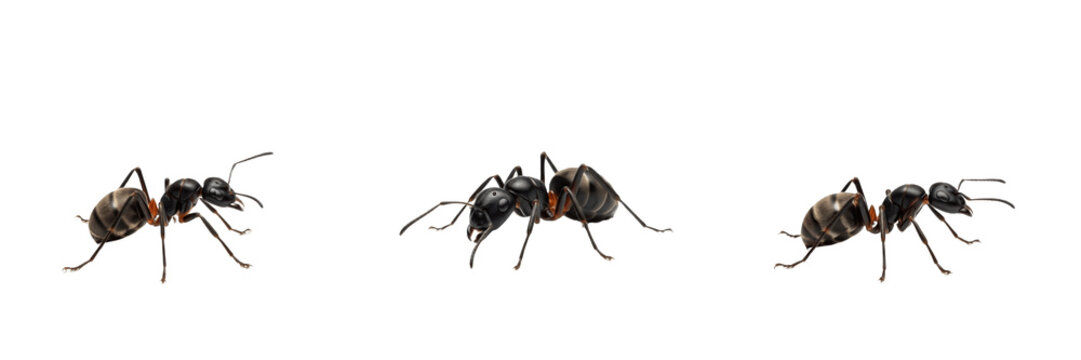 Common European Ants Lasius Niger Species Isolated on White Background, Detailed Macro Photography of Small Black Garden Ants Crawling for Biological Nature Study and Wildlife Graphic Design
