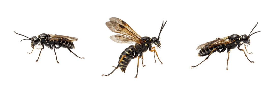 Common Wood Wasps Siricidae Family Species Isolated on White Background, Detailed Macro Illustration of Flying Stingless Insects for Biological Nature Study and Wildlife Design Assets