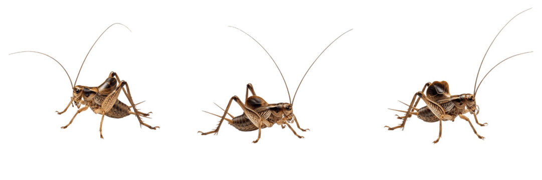 Common House Crickets Acheta Domesticus Species Isolated on White Background, Detailed Macro Illustration of Chirping Insects for Biological Nature Study and Wildlife Graphic Design Assets