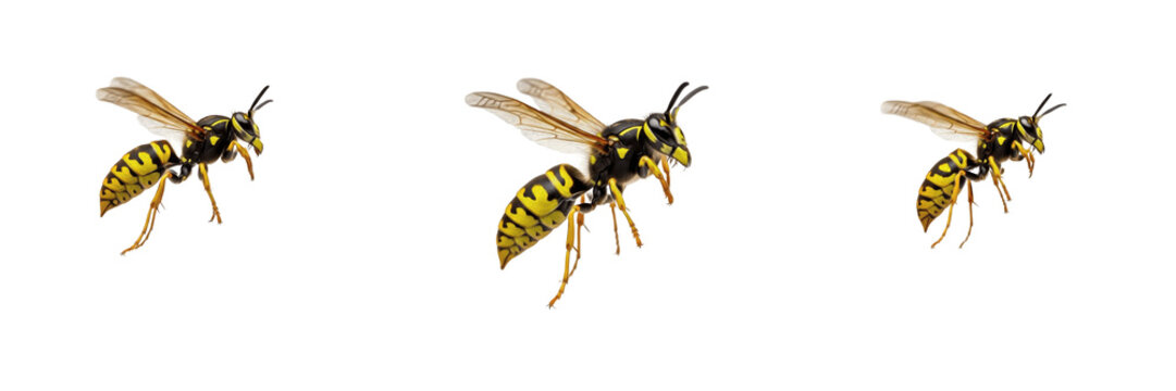 Common German Wasps Vespula Germanica Species Isolated on White Background, Detailed Macro Illustration of Flying Stinging Insects for Biological Nature Study and Wildlife Graphic Design Asset