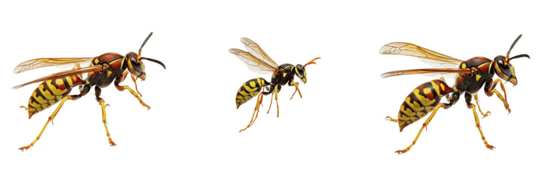 Common European Wasps Vespula Vulgaris Species Isolated on White Background, Detailed Macro Illustration of Flying Yellow and Black Stinging Insects for Biological Nature Study and Wildlife Graphic De