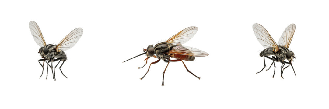 Stable Flies Stomoxys Calcitrans Species Isolated on White Background, Detailed Macro Photography of Biting House Flies for Biological Nature Study and Livestock Healthcare Asset Design