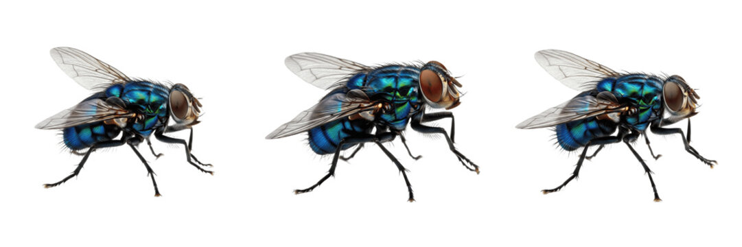 Blue Bottle Fly Calliphora Vomitoria Species Set Isolated on White Background, Detailed Macro Photography of Metallic Blow Flies for Biological Nature Study and Healthcare Design Asset