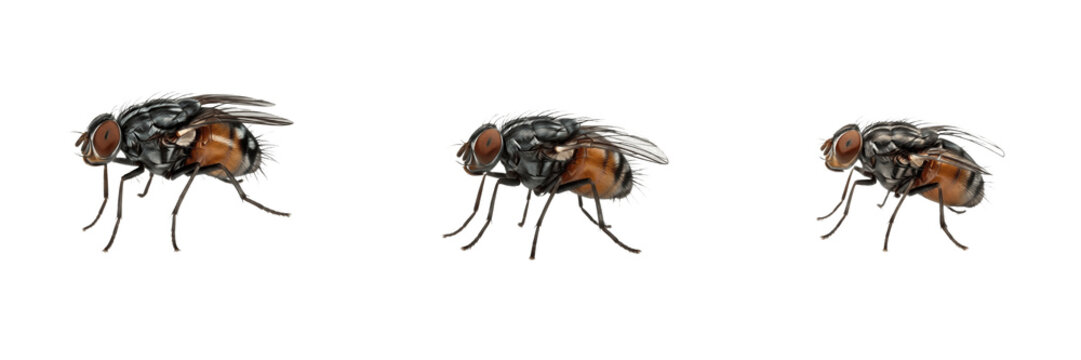 Common House Flies Musca Domestica Set Isolated on White Background, Detailed Macro Photography of Flying Disease Carrying Insects for Biological Nature Study and Healthcare Design