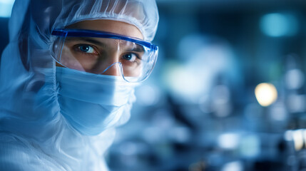 Scientist in Cleanroom Suit Working in Nanotechnology Laboratory portrait of a scientist wearing a full cleanroom protective suit, mask, goggles and hood inside a high-tech nanotec