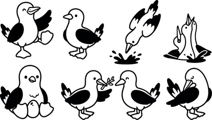 Fototapeta premium Line art flat cartoon seagull character sheet showing eight poses diving feeding nesting and preening with simple bold strokes expressions