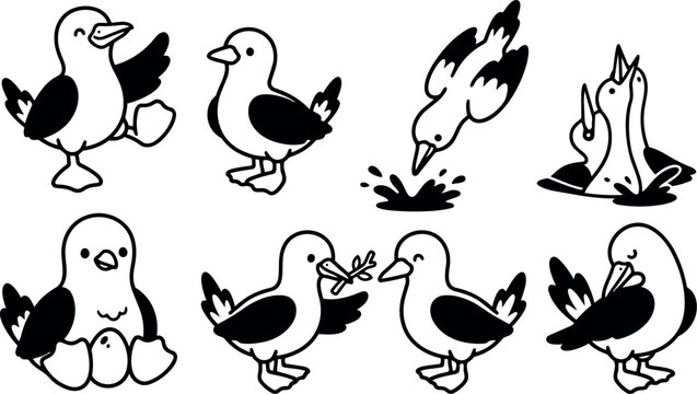 Line art flat cartoon seagull character sheet showing eight poses diving feeding nesting and preening with simple bold strokes expressions