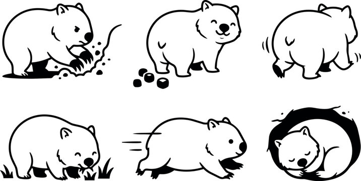 Minimalist line art wombat icon set showing six playful poses including digging smiling running grazing turning curled sleeping
