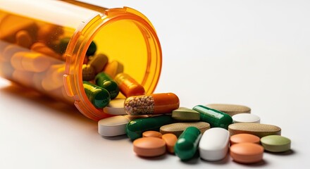 Pill bottle lying on its side with various colored pills spilling out