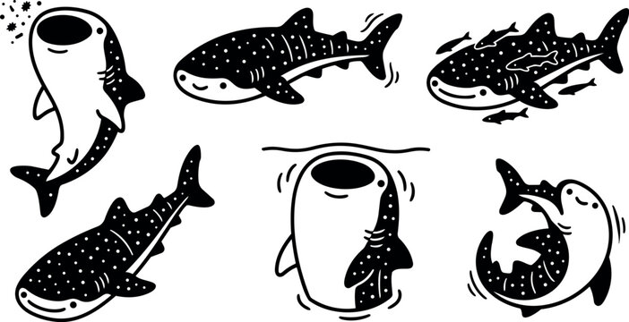Whimsical kids doodle multiple smiling whale sharks breaching, rolling and feeding on plankton in playful black and white vector illustration