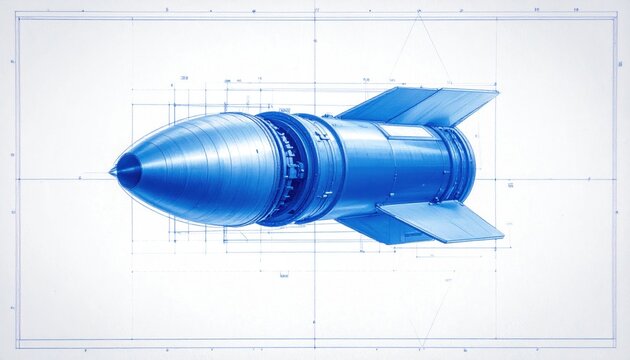 Detailed schematic of a ballistic missile engine nozzle on a blueprint background, showcasing advanced engineering