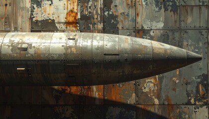 Ballistic Missile Hull Exterior Showing Panel Lines and Attachment Points Against a Rusted Metal Background