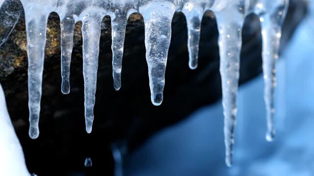 Close up of melting icicles dripping water in a panoramic sequence. Conceptual banner for winter's end, the spring thaw, and environmental climate change awareness