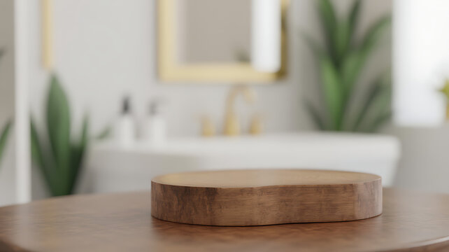 Empty wooden podium on table over blurred bathroom background for product placement