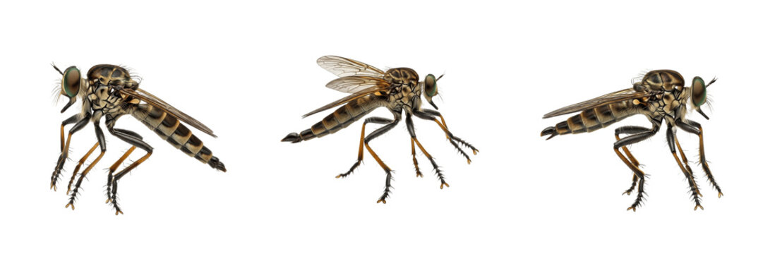Robber Fly Asilidae Isolated on White Background Predatory Flying Insect Macro Photography Set Triple Angle View Garden Wildlife High Quality Digital Asset Stock Asset