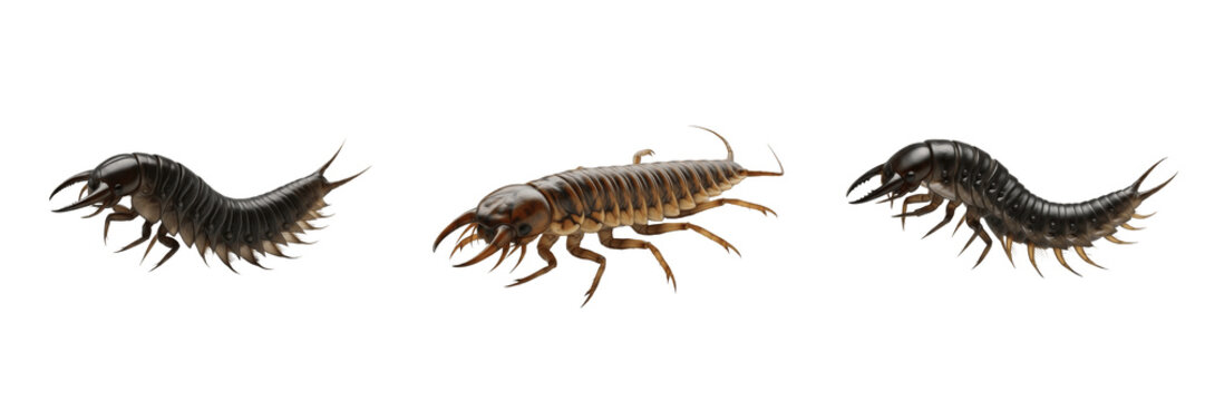Ground Beetle Larva Carabidae Isolated on White Background Black Predatory Insect Macro Photography Set Triple Angle View Garden Beneficial High Quality Digital Asset Stock