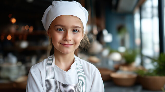 Cute little chef in a white apron and toque looking at the camera in a restaurant kitchen, defocused background, children's culinary concept, young cook portrait, with copy space