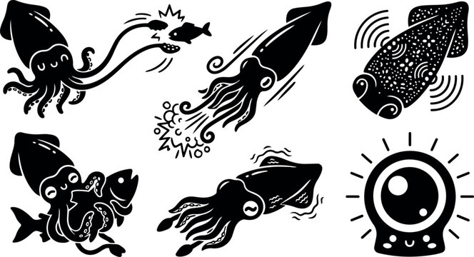 Tattoo flash squid and cuttlefish close up icon set showing playful squid eating fish and dynamic motion in bold black silhouette