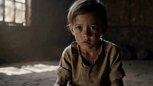 A young boy sitting on cracked earth floor in a dimly lit room