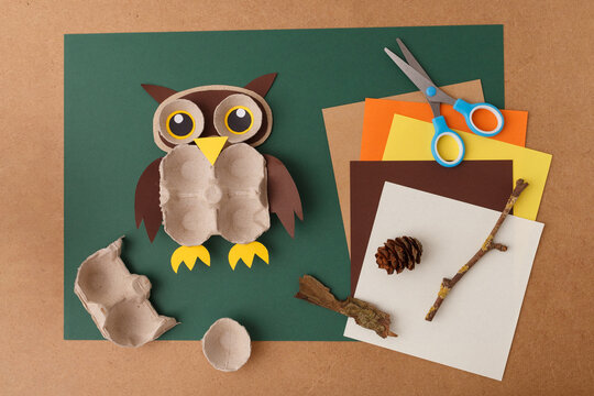 Simple upcycled owl craft project for children using household waste. Ideal for kids activity centers library programs art therapy nature awareness campaigns and creative play brands