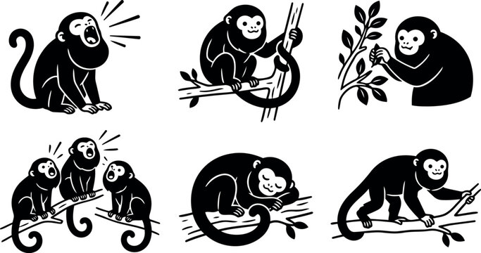 Flat silhouette vector monkeys in six poses showing yawning, climbing, eating leaves, socializing, sleeping and walking on playful branches