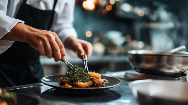 Faceless master chef at work in a professional kitchen preparing a dish with precision, defocused kitchen background, culinary expertise concept, professional cooking, with copy