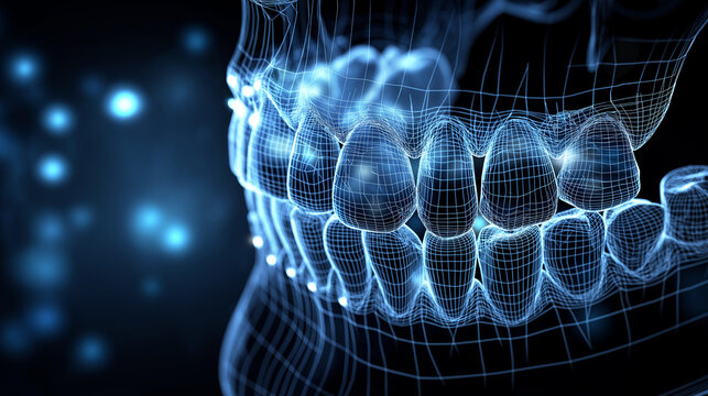 3D wireframe mesh model of human upper jaw and teeth for digital dentistry, orthodontic simulation, and medical CAD/CAM scanning, dental modeling, computational design, with copy