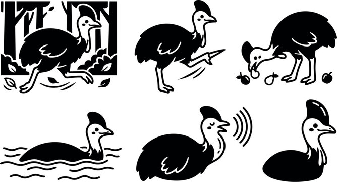 Minimalist vector icon set showing cassowary in walking feeding swimming calling and standing poses with bold black silhouette forest background