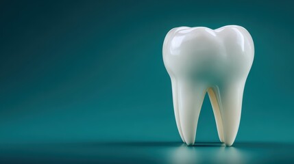 A perfectly formed white molar tooth model stands upright on a reflective teal-green surface, with ample negative space for text on the left.