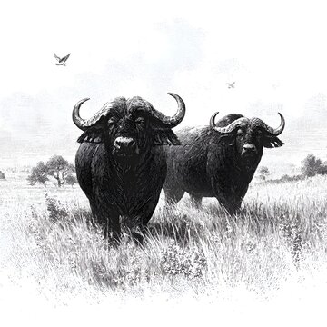 Two majestic African buffaloes stand tall in a grassy plain landscape underneath a bright sky, with birds flying freely above them.