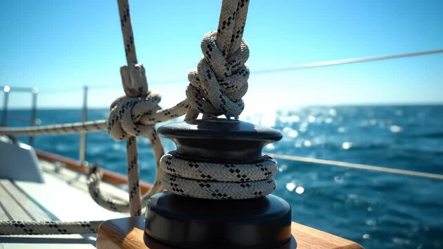 Close up detail of a sailboat winch and rope on a wooden deck. Sailing on the open ocean on a beautiful sunny day. Luxury travel vacation and nautical adventure concept