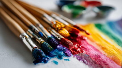 Obraz premium Step-by-step illustrated guide to painting a colorful rainbow for a children's art master class, clean bright background, rainbow painting tutorial concept, with copy space