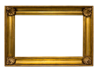 Vintage gilded antique picture frame with shell ornaments on transparent background, PNG image. 