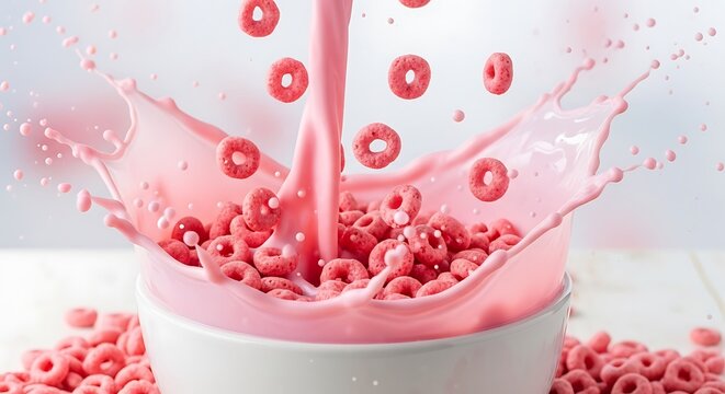 Splashing pink cereal milk into a bowl of froot loops