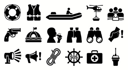 Solid black icons for maritime safety and sea rescue. Lifebuoy, life jacket, and rescue helicopter collection. Vector illustration for emergency services, naval training, and maritime safety education © VectorGomes