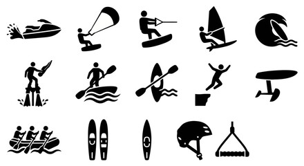 Solid black icons for extreme water sports and high-adrenaline aquatic activities. Jet ski, kitesurfing, and wakeboarding collection. Vector illustration for adventure travel, sports branding, and out © VectorGomes