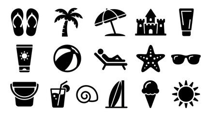 Fototapeta premium Solid black icons for beach life and coastal leisure. Summer vacation, tropical relaxation, and seaside gear collection. Vector illustration for travel agencies, summer apps, and lifestyle blog concep
