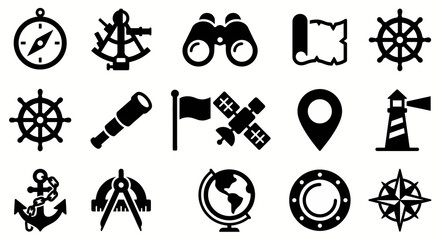 Solid black icons for maritime navigation and mapping. Nautical tools, GPS equipment, and orientation collection. Vector illustration for travel apps, naval history, and adventure exploration concepts © VectorGomes